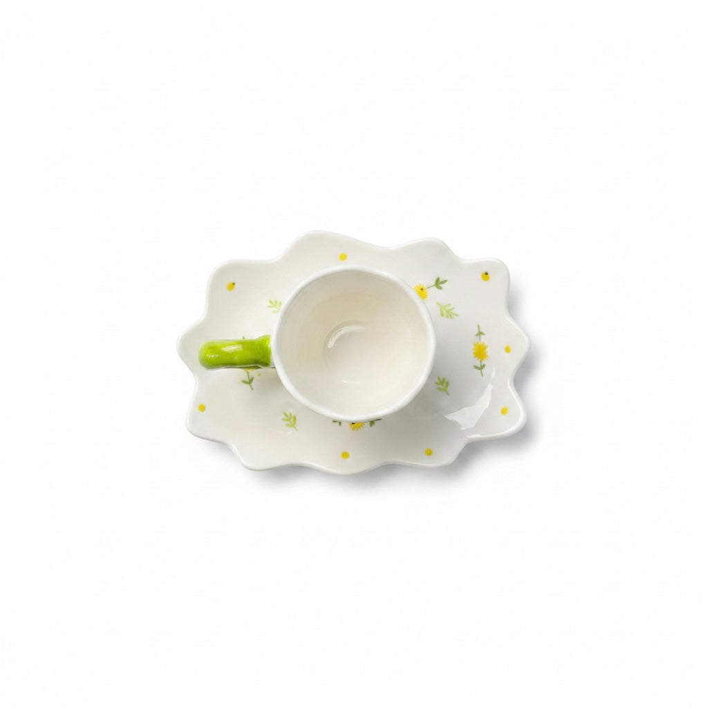 Yellow Floral Green Handle Mug & Saucer 150ml