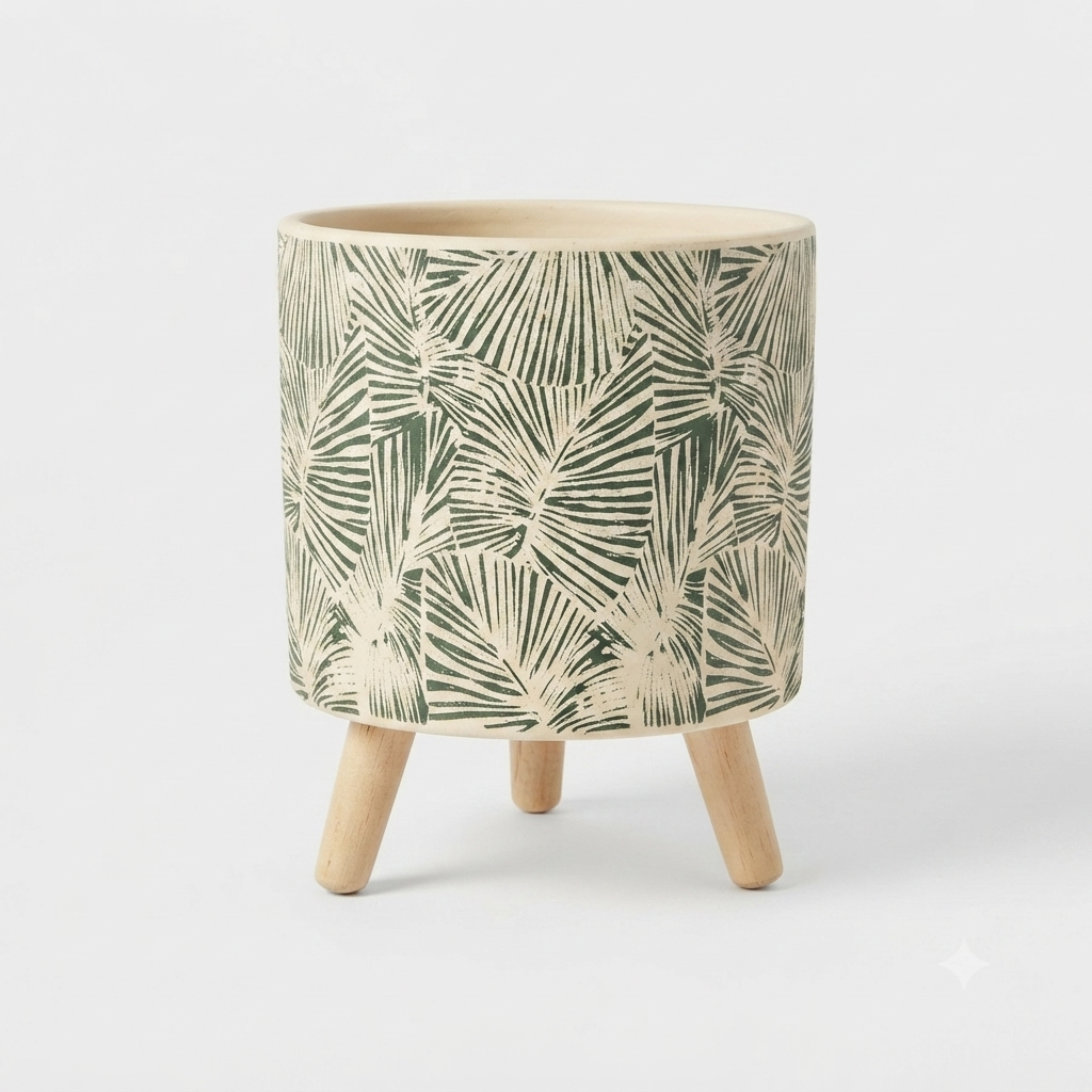 In0154 Boho Ceramic Planter with Wooden Legs
