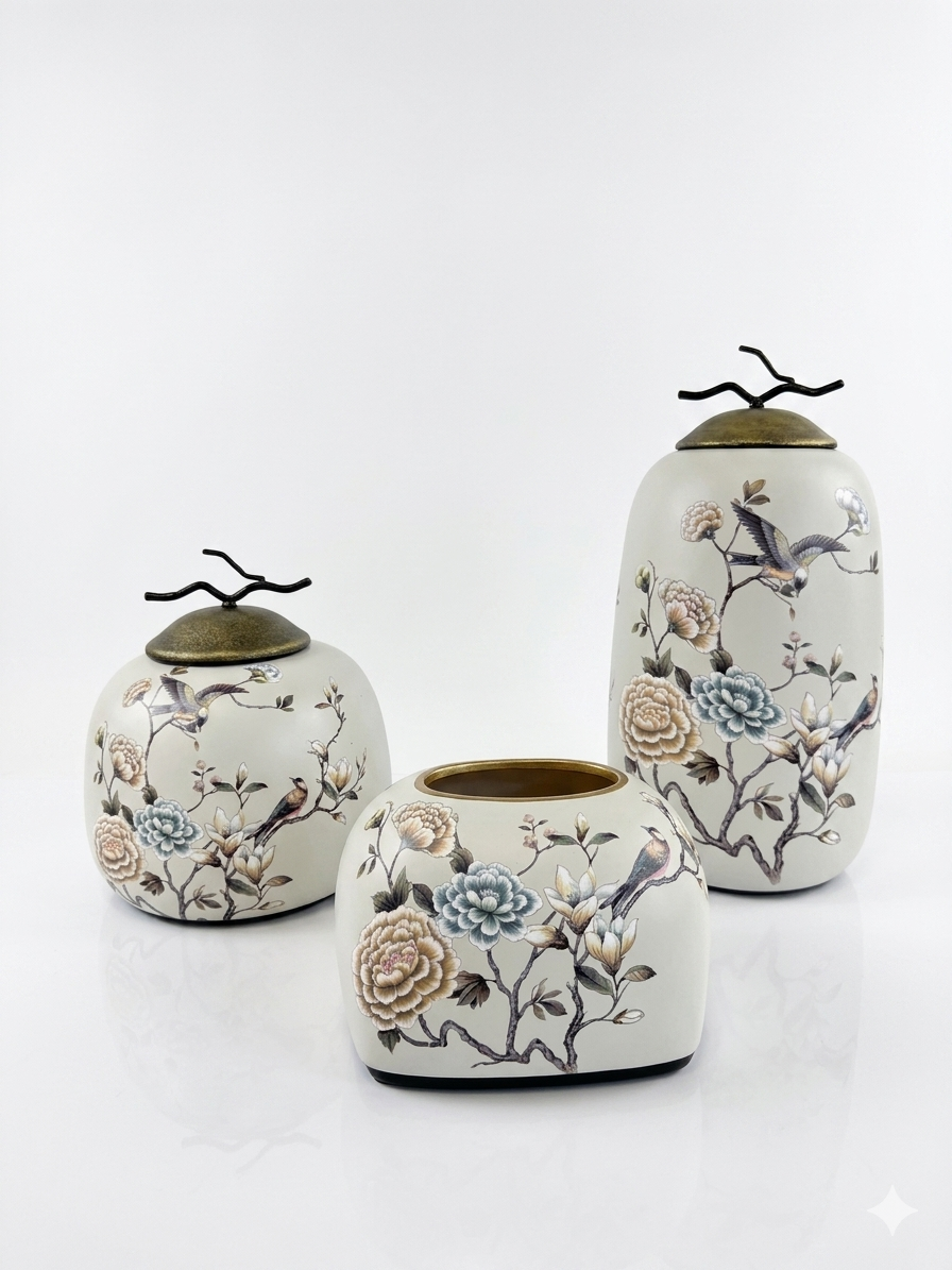 Ceramic Vase Set 3 Pcs – Birds & Flowers