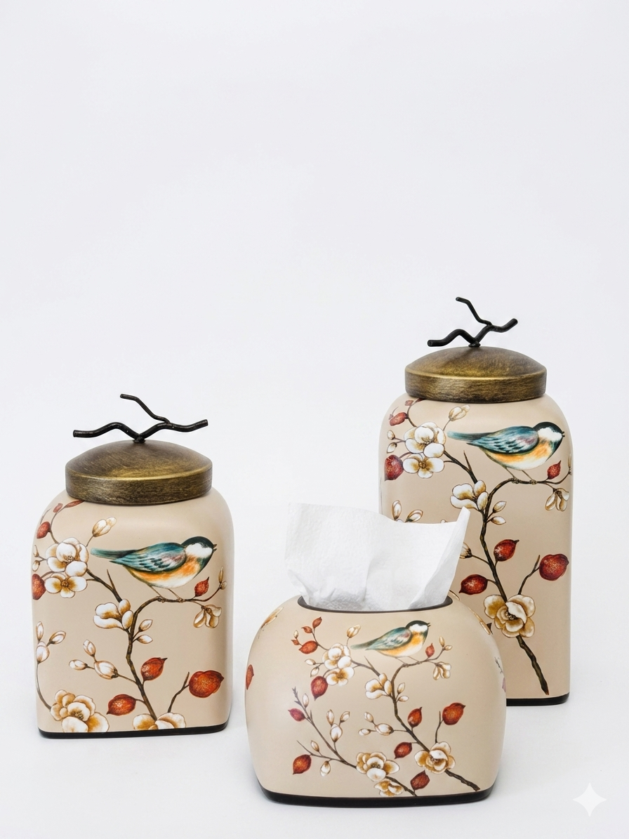 Ceramic Jar & Tissue Box Set 3 Pcs – Birds & Blossoms