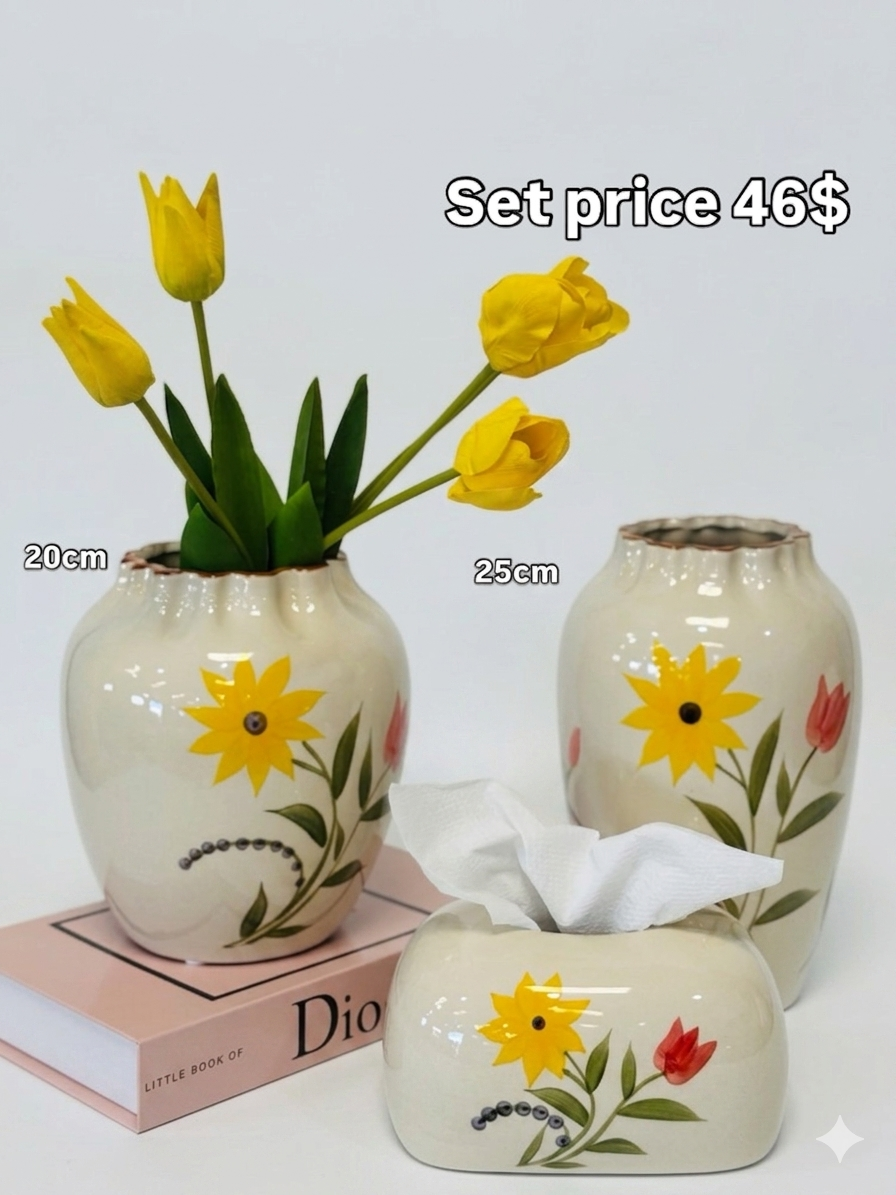 Ceramic Vase & Tissue Box Set 3 Pcs – Sunflower & Tulip