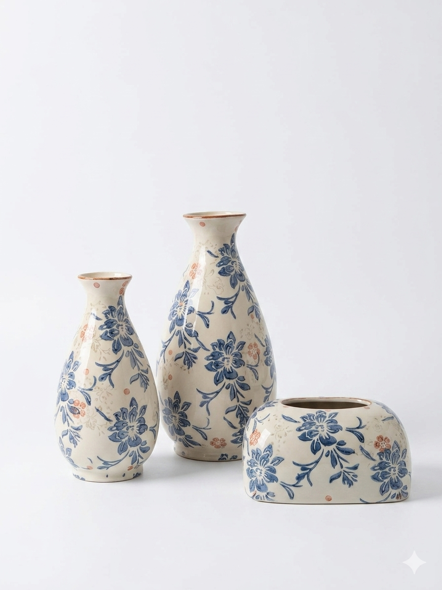 Ceramic vases set with tissue box