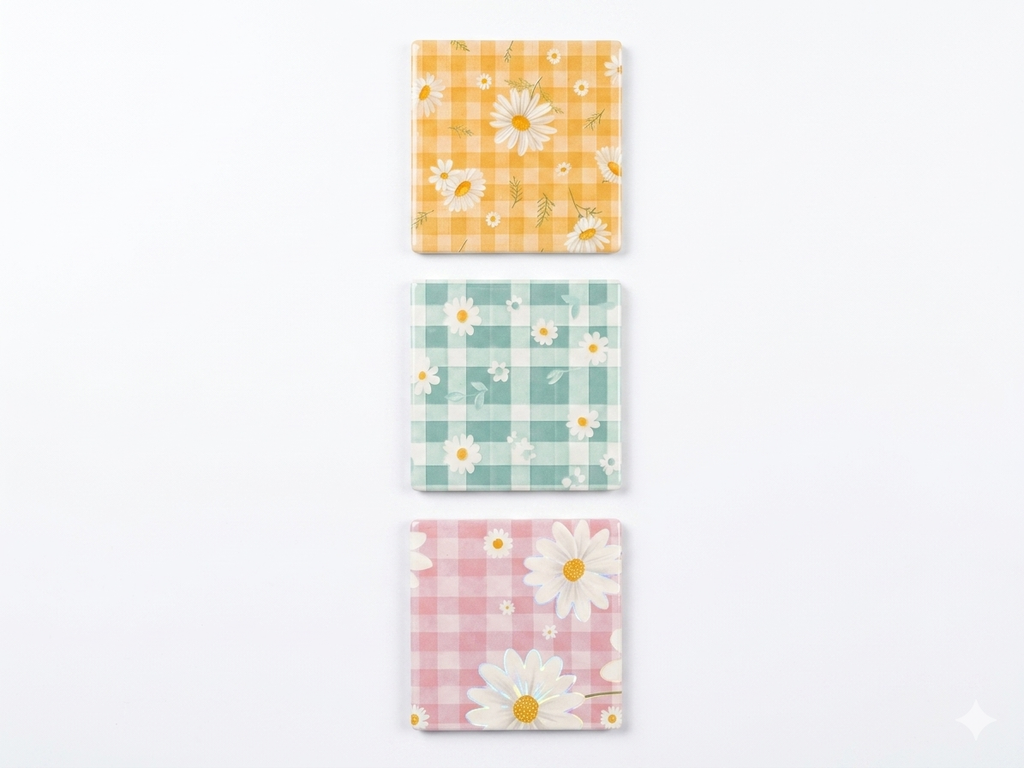 Daisy Gingham Ceramic Coaster