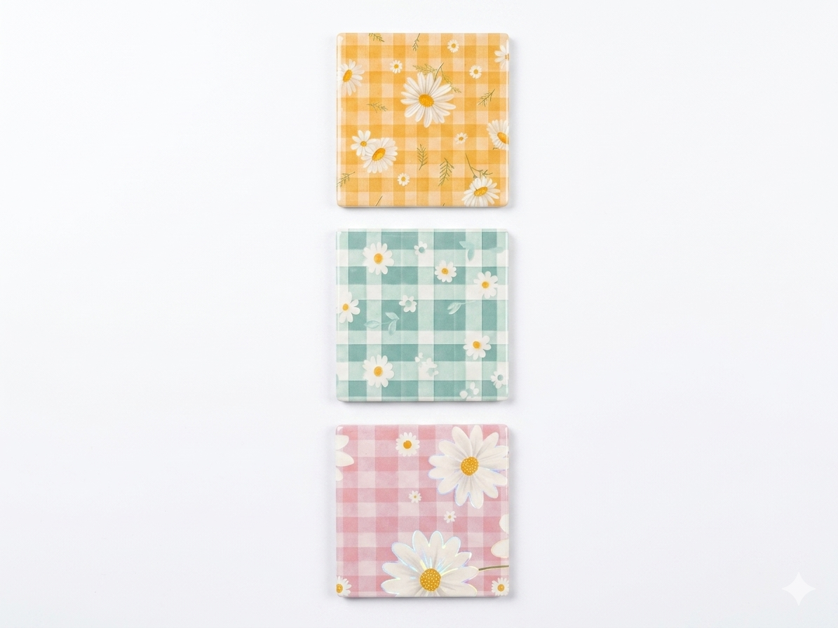 Daisy Gingham Ceramic Coaster
