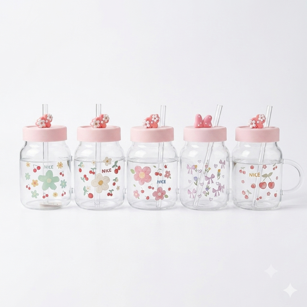 Cute Glass Mug with Straw 800ml