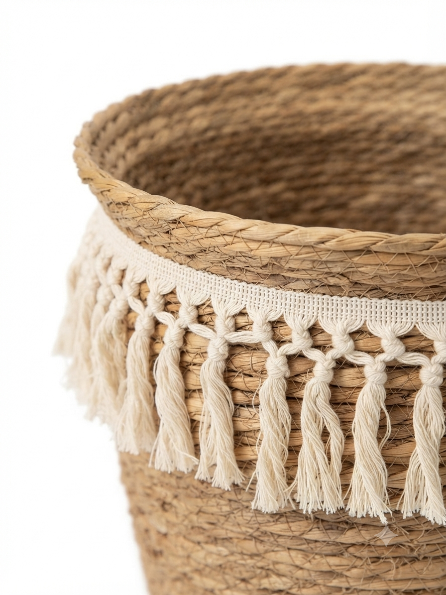Boho Seagrass Basket with Macrame Fringe Set of 2
