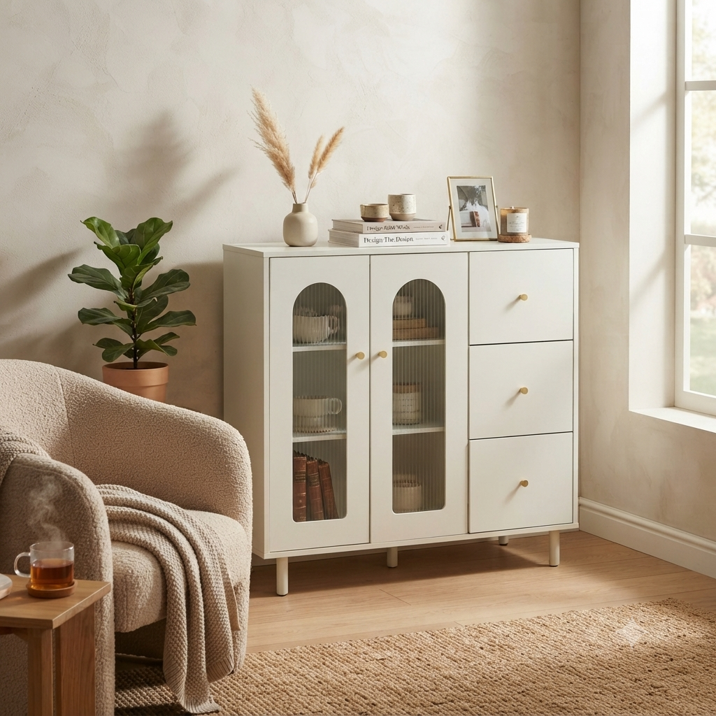 Arch Glass Cabinet with Drawers