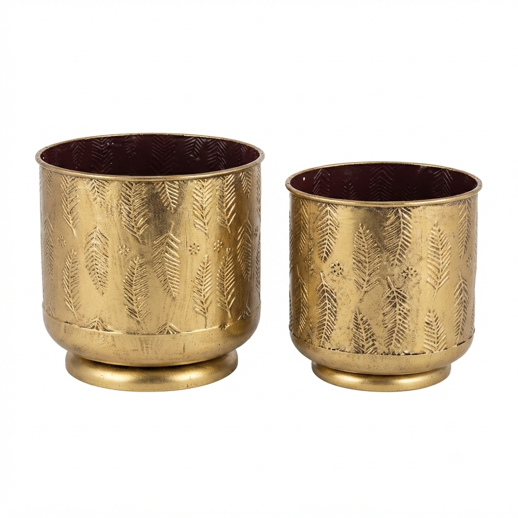 Gold Embossed Feather Planter Set