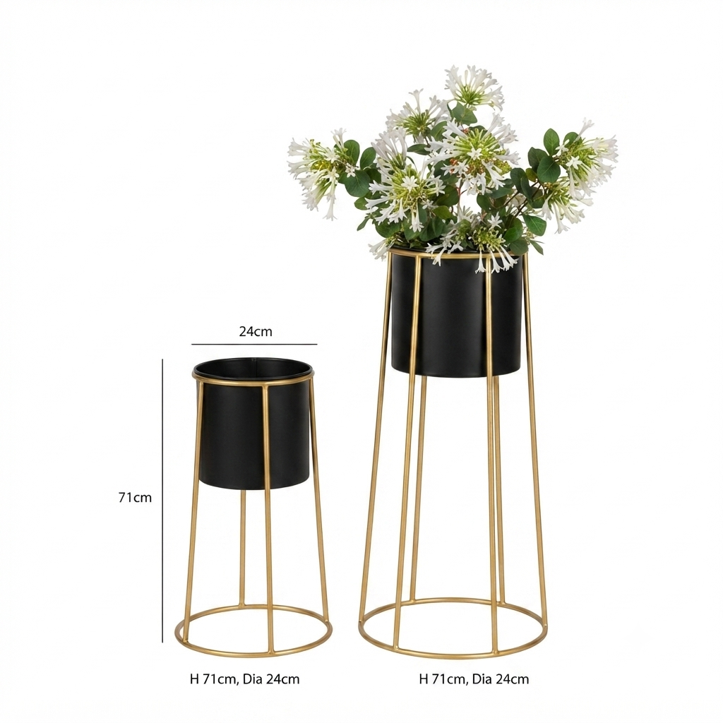 Black & Gold Tall Floor Planter Stand Set