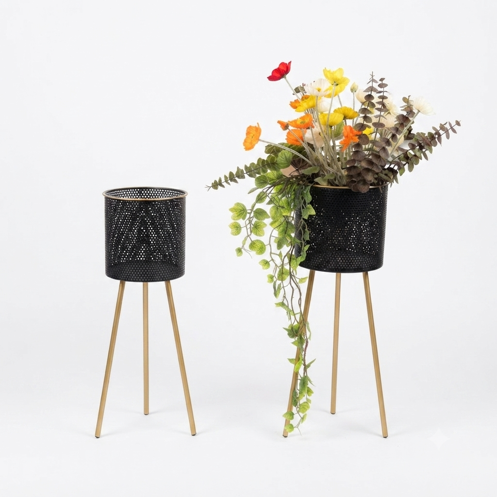 Black Perforated Tripod Planter Stand Set