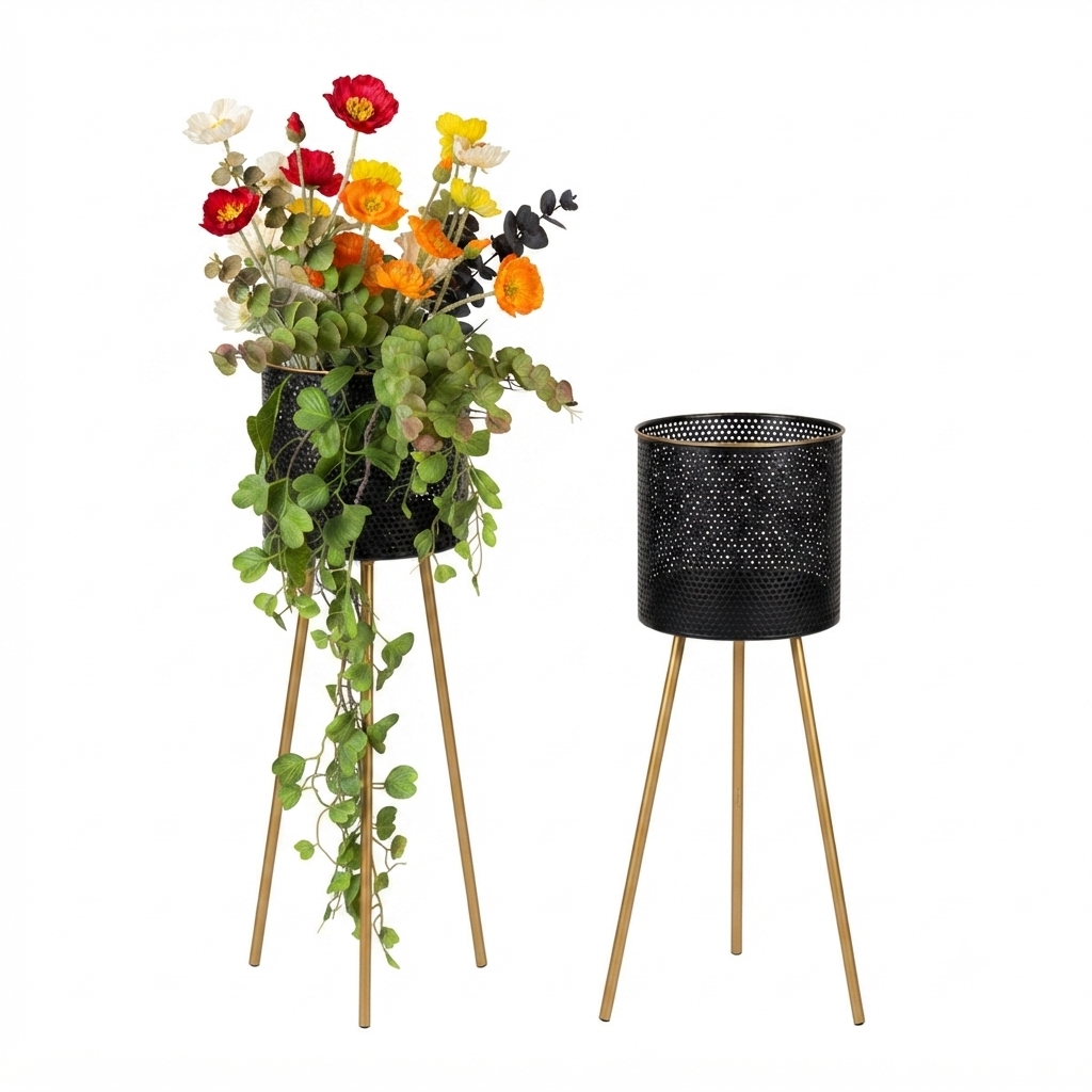 Black Perforated Tripod Planter Stand Set