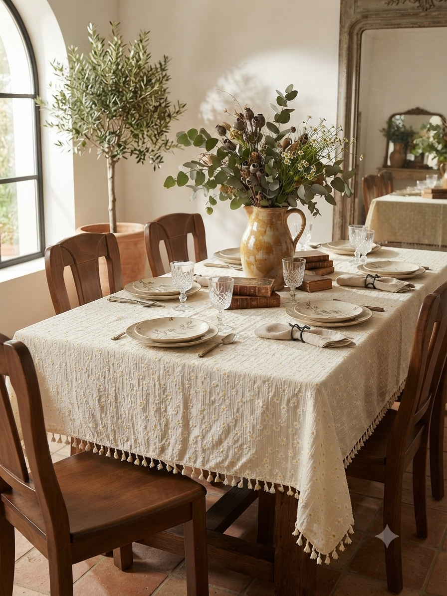 Daisy Embroidered Tablecloth with Tassel Trim