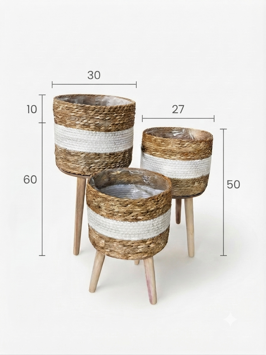 Boho Woven Planter Set - Natural & White