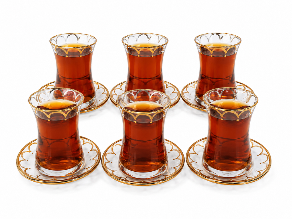 Turkish Tea Glass Set - 6 Pieces with Gold Saucers