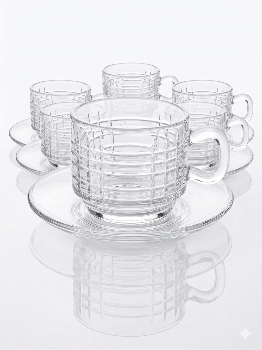 Crystal Glass Tea Cup Set with Saucer – 6 Pieces