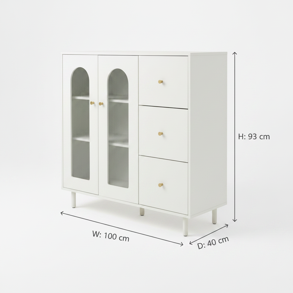 Arch Glass Cabinet - Perspective View with Dimensions