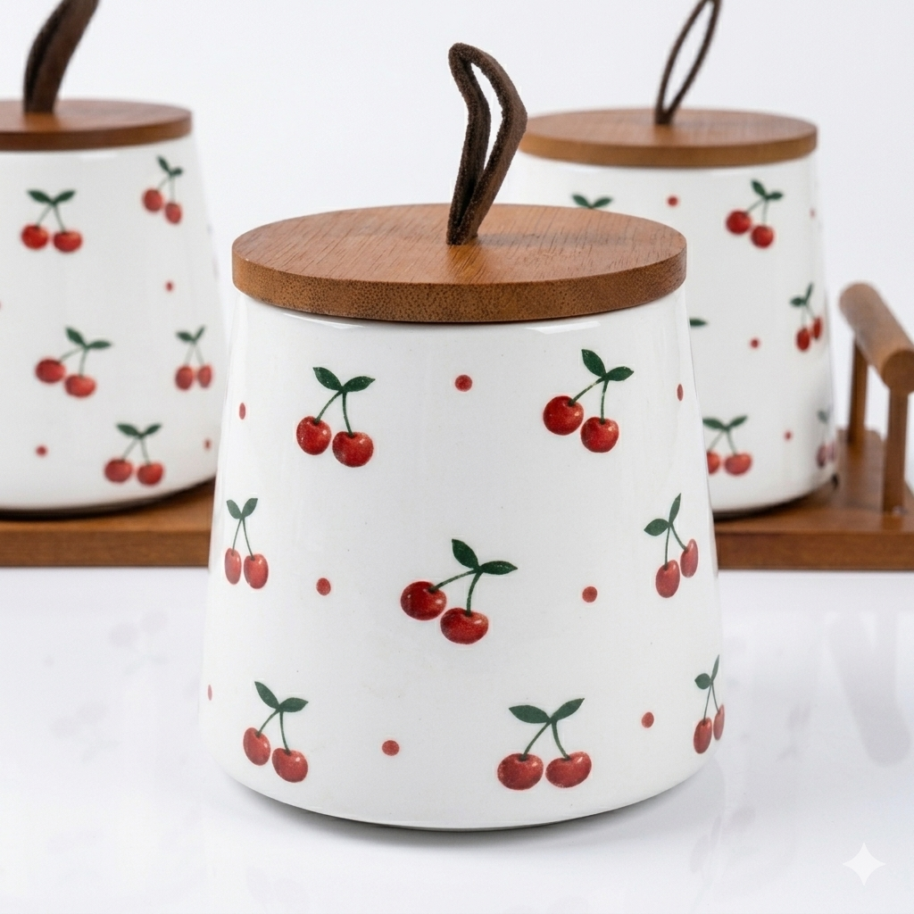 Cherry Ceramic Canister Set with Wooden Tray