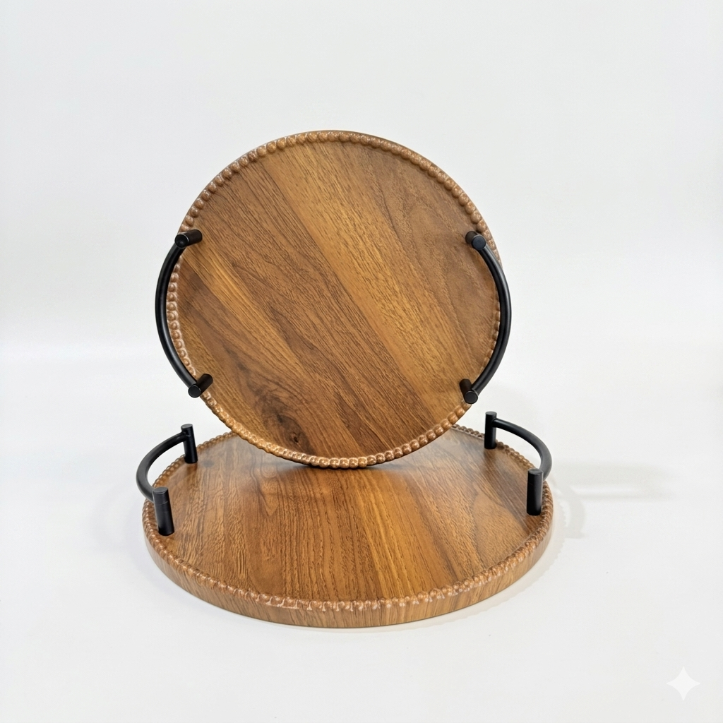 Round Dark Wood Beaded Tray Set with Black Metal Handles