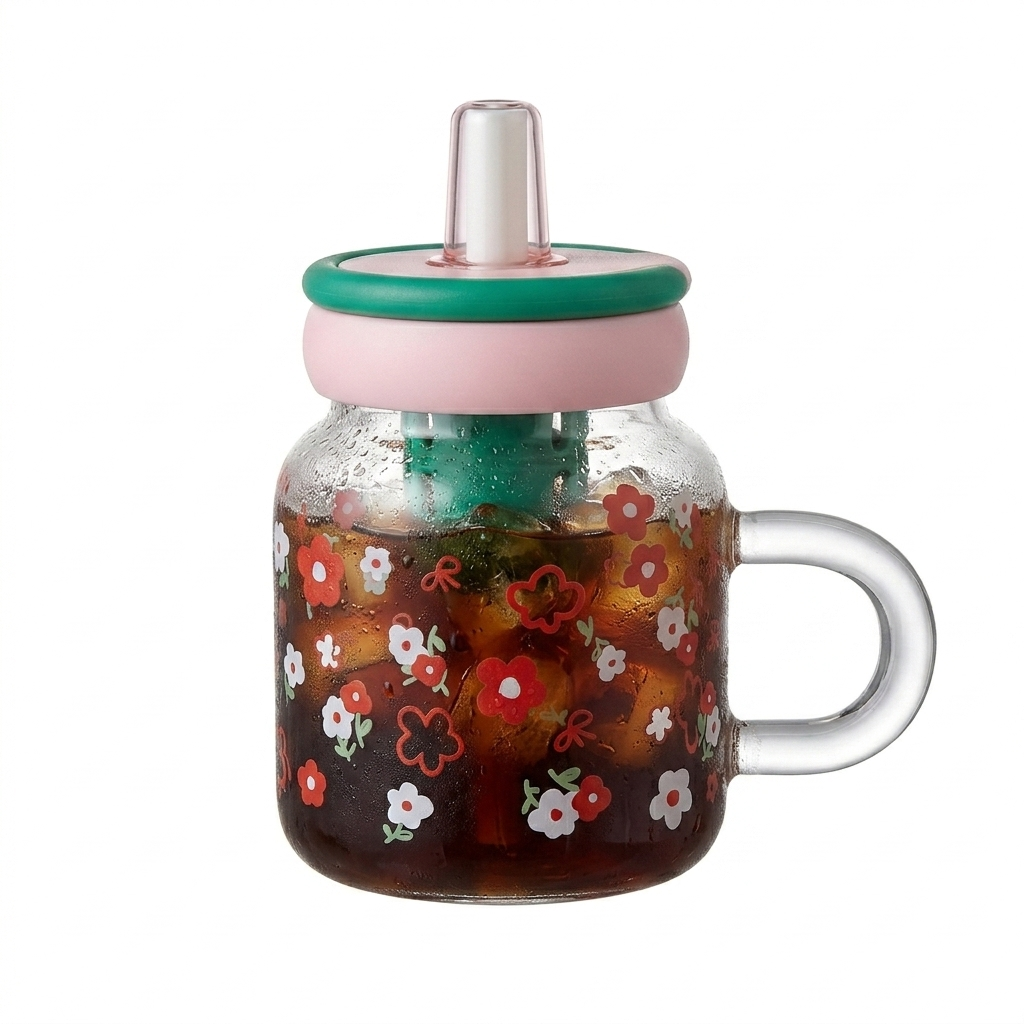 Floral Glass Mug with Straw & Lid