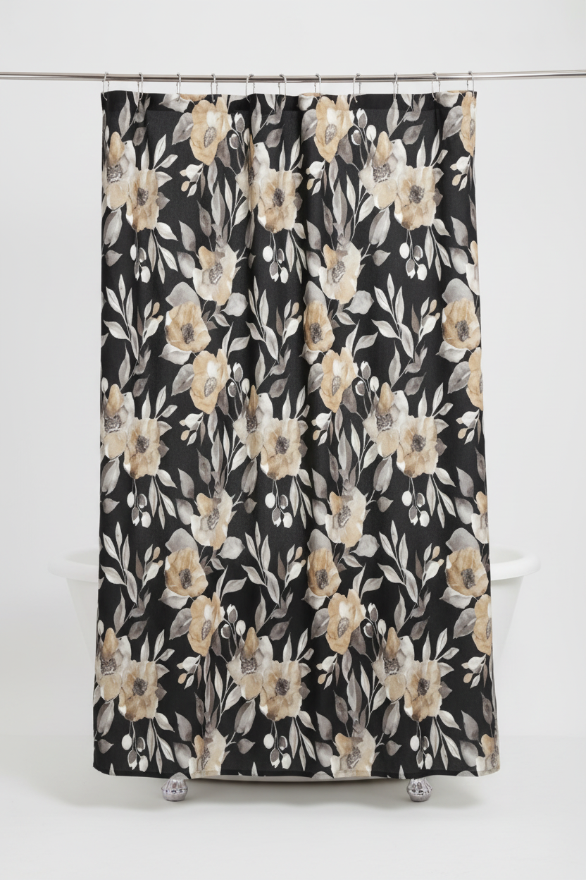 Black Floral Shower Curtain – Hanging