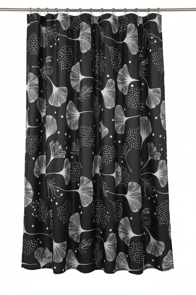 Black Ginkgo Line Art Shower Curtain – Hanging