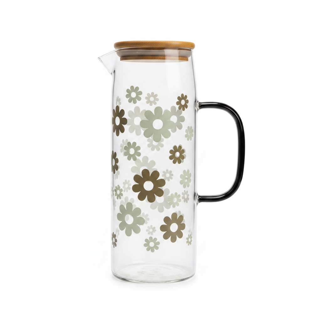 Black Handle Floral Glass Pitcher