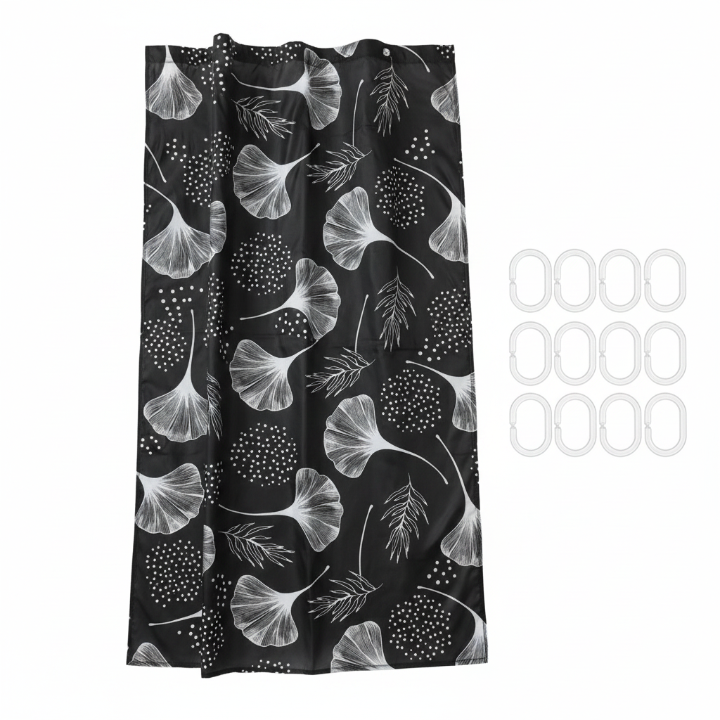 Black White Ginkgo Shower Curtain Set - White Background