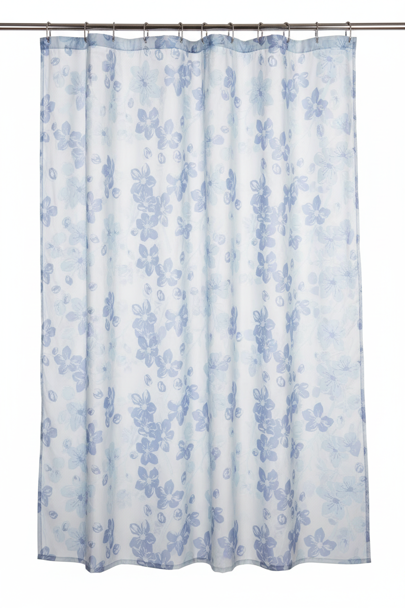 Blue Cherry Blossom Shower Curtain – Hanging