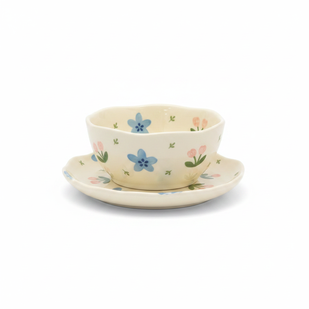 Blue Floral Ceramic Bowl & Saucer