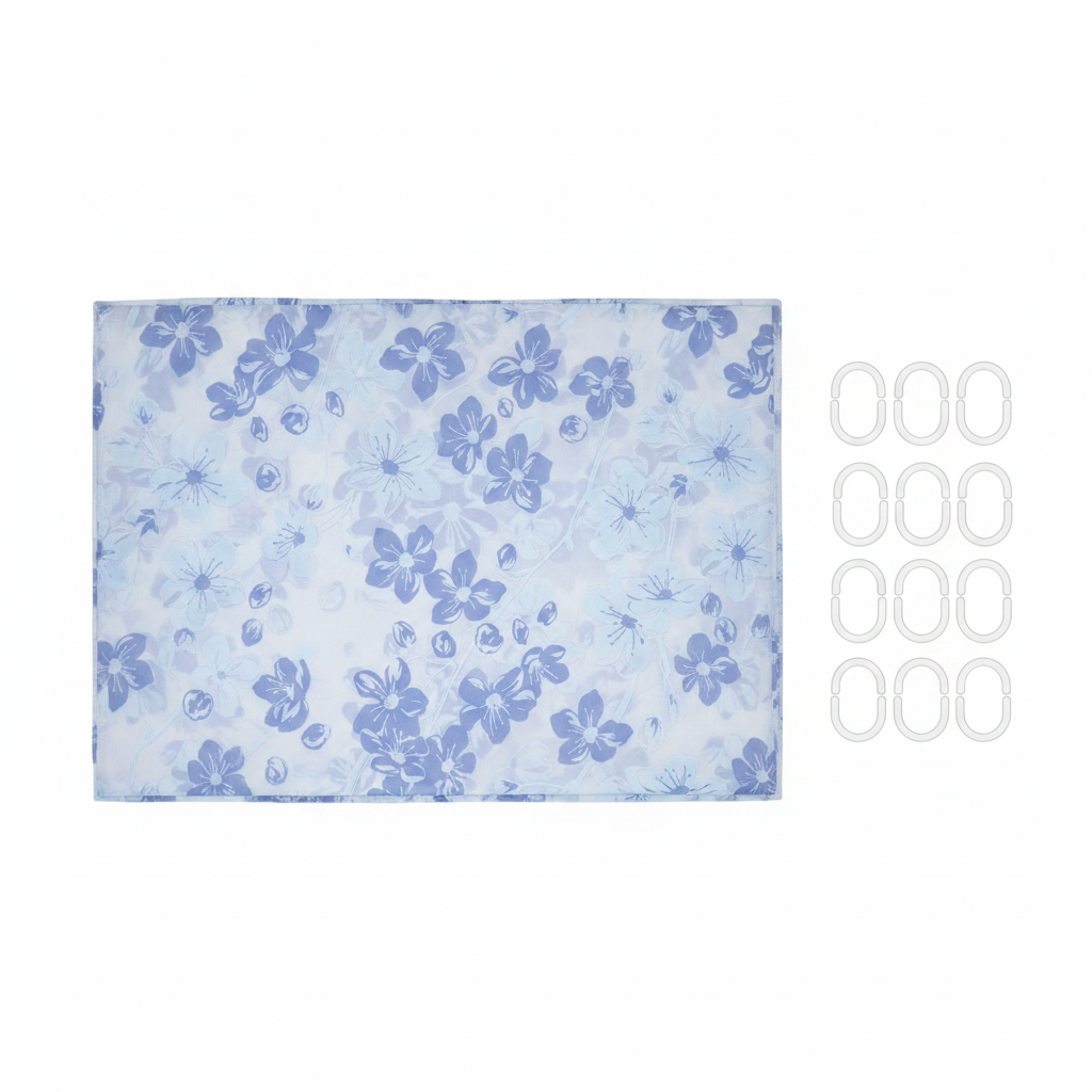 Blue Floral Shower Curtain Set - White Background