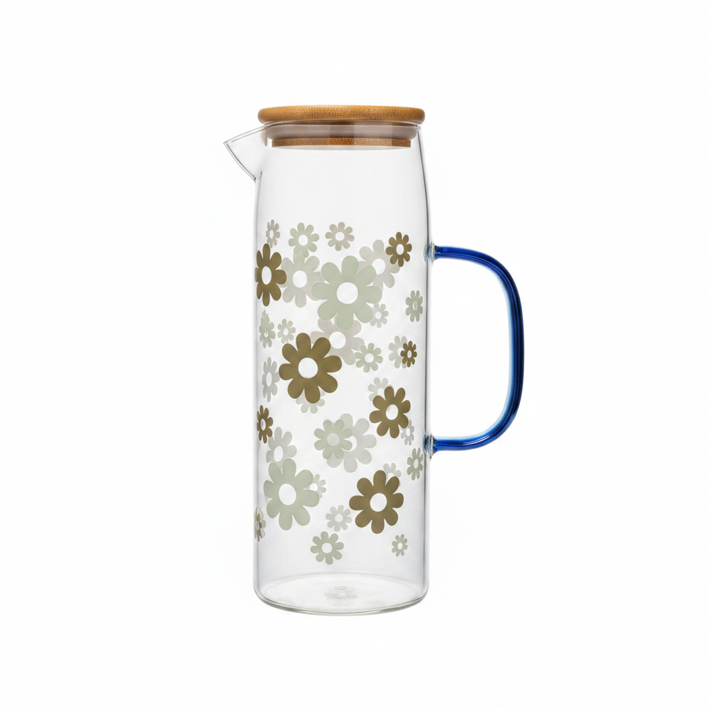 Blue Handle Floral Glass Pitcher
