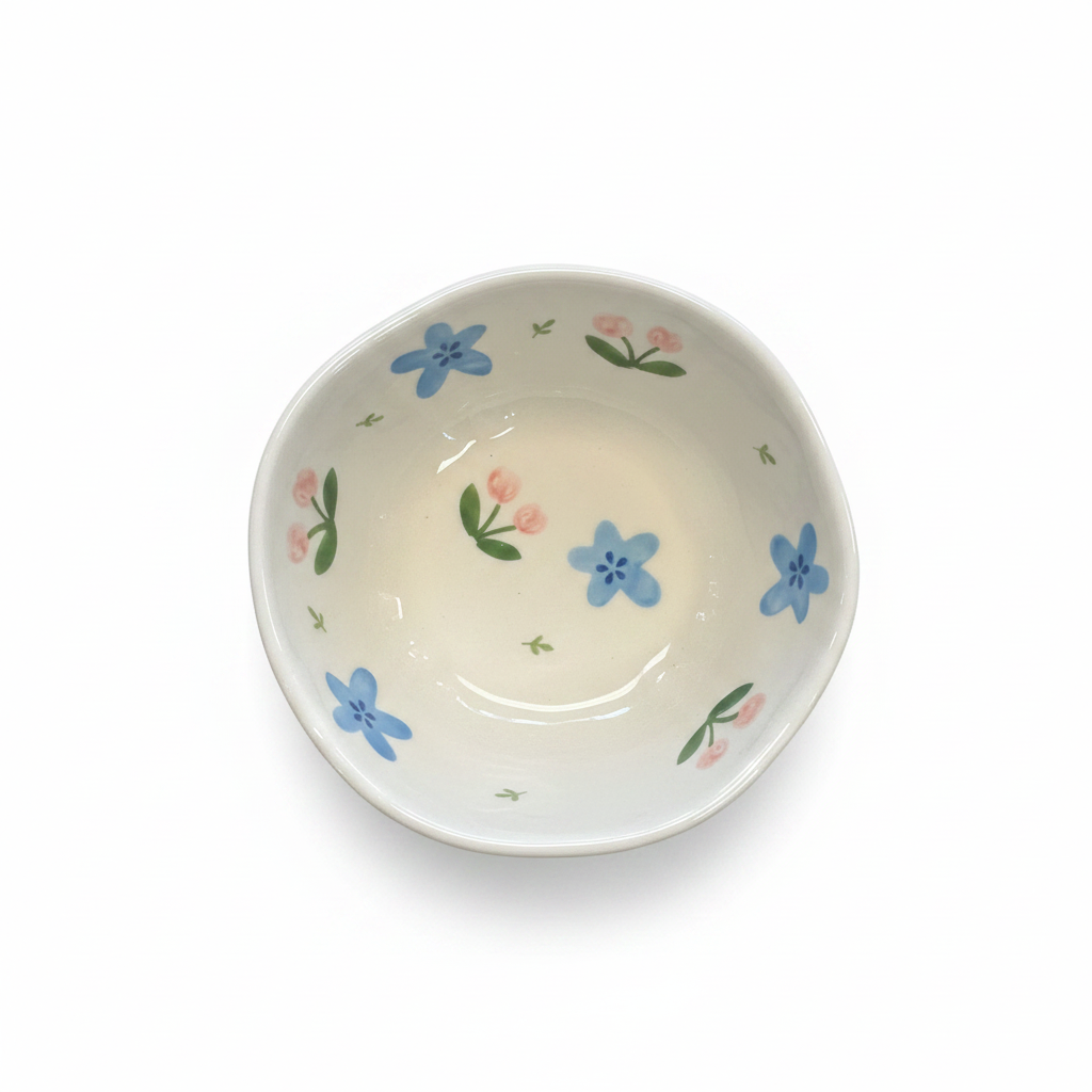 Blue & Pink Floral Bowl – Top View