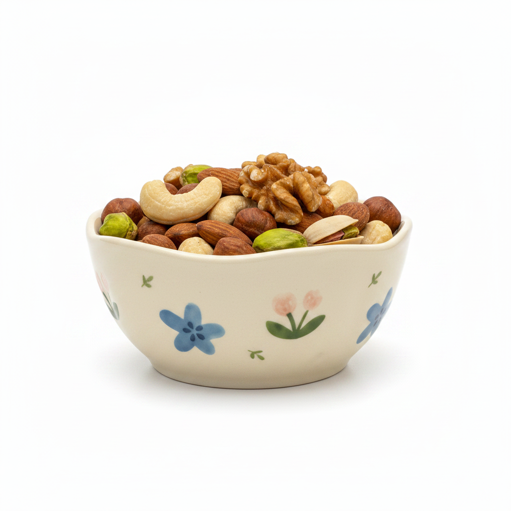 Blue Pink Floral Bowl with Mixed Nuts
