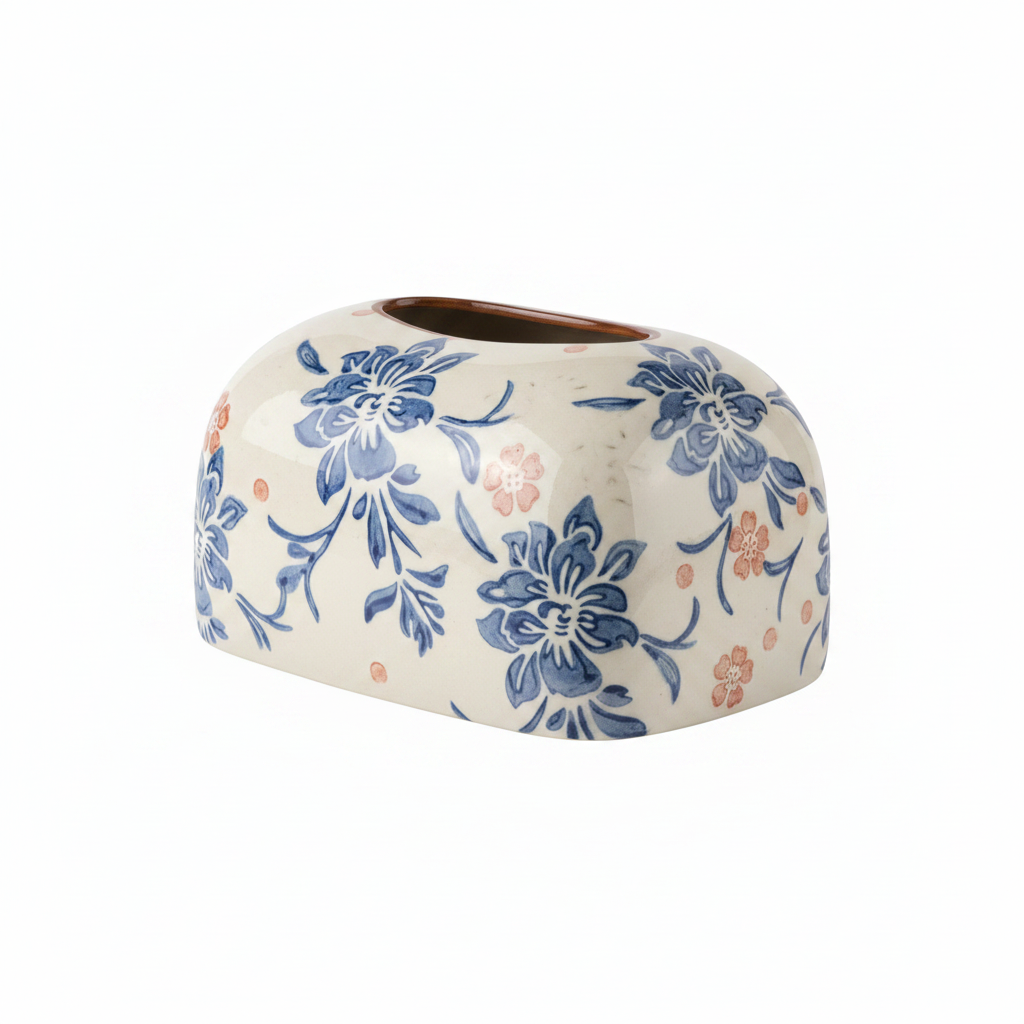 Blue Pink Floral Tissue Box 3/4