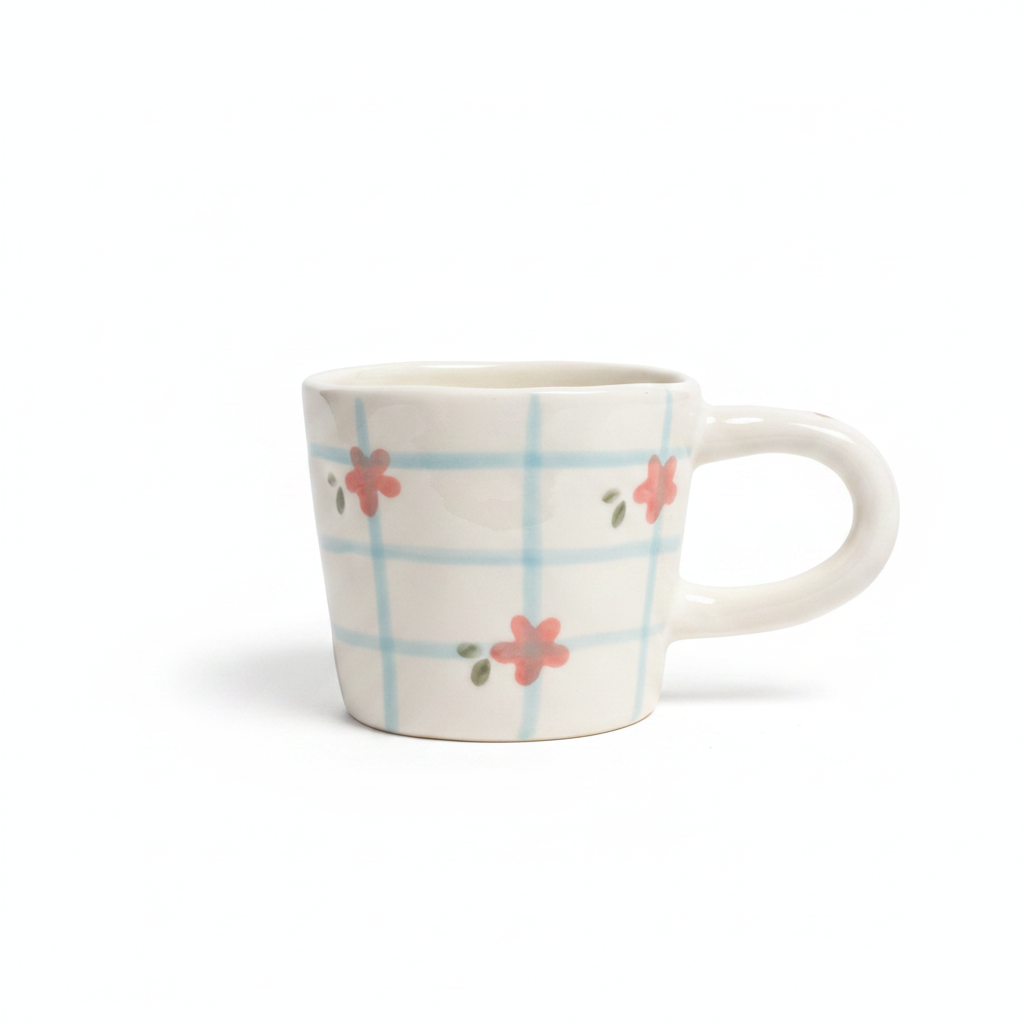 Blue Plaid Pink Flowers Mug