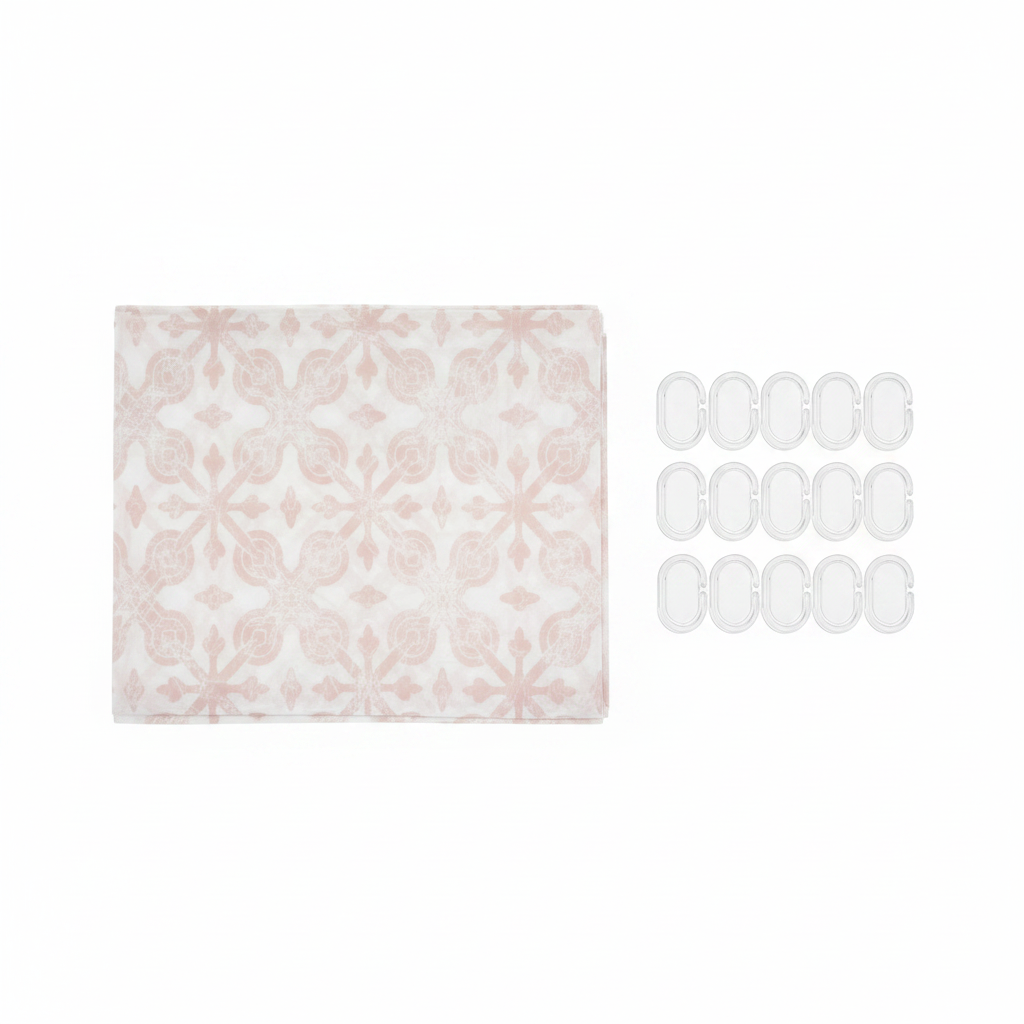 Blush Pink Damask Shower Curtain Set - White Background
