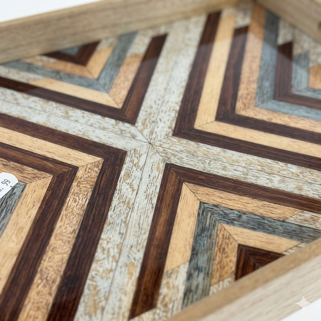 Wood Geometric Mosaic Tray Set