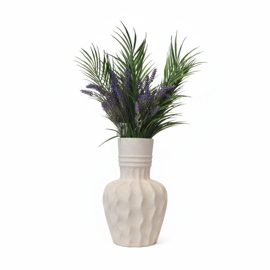 Ceramic Textured Vase with Plants - White Background