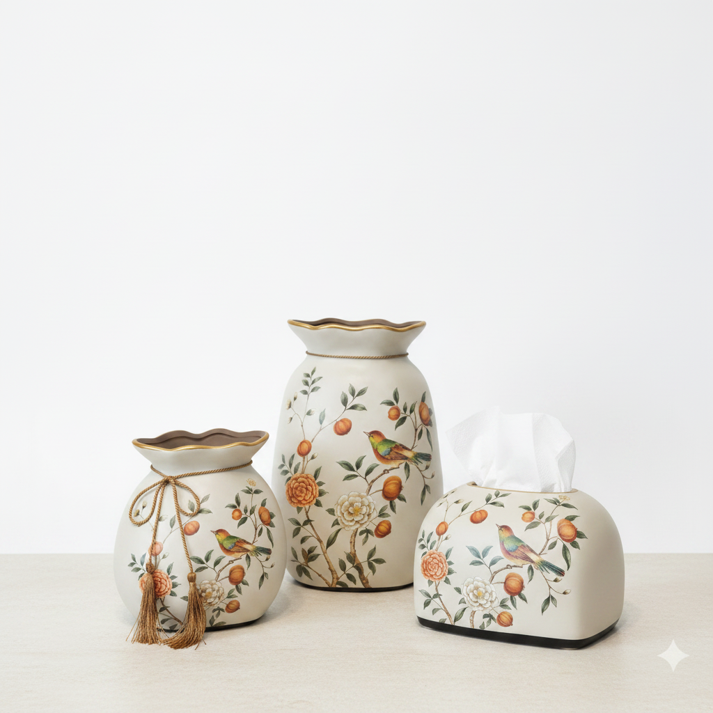 Ceramic Vase & Tissue Box - White Background