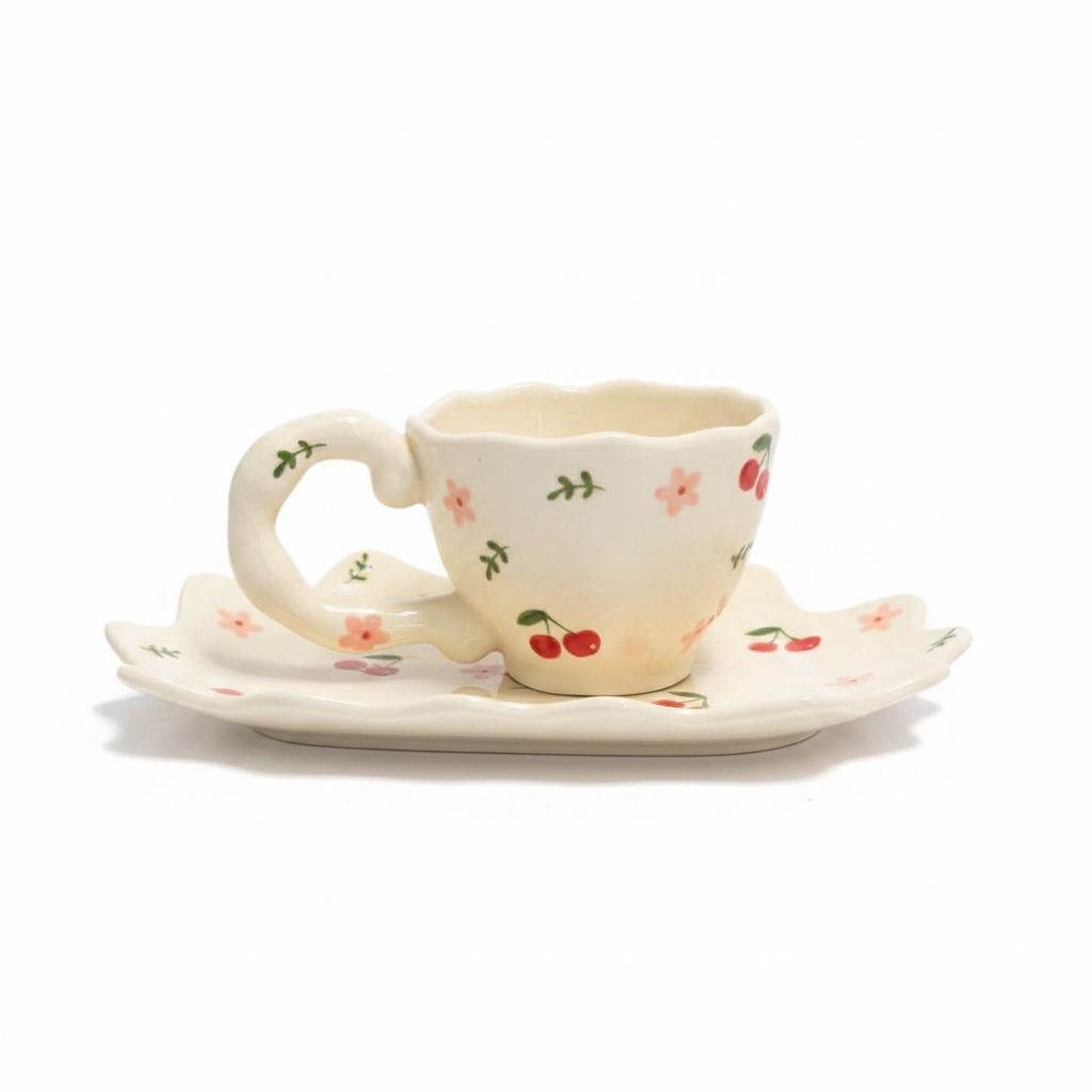 Cherry Ceramic Cup & Saucer Set
