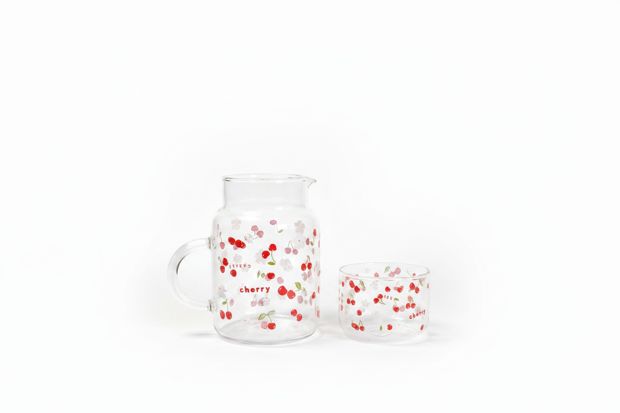 Cherry Glass Pitcher & Bowl Set