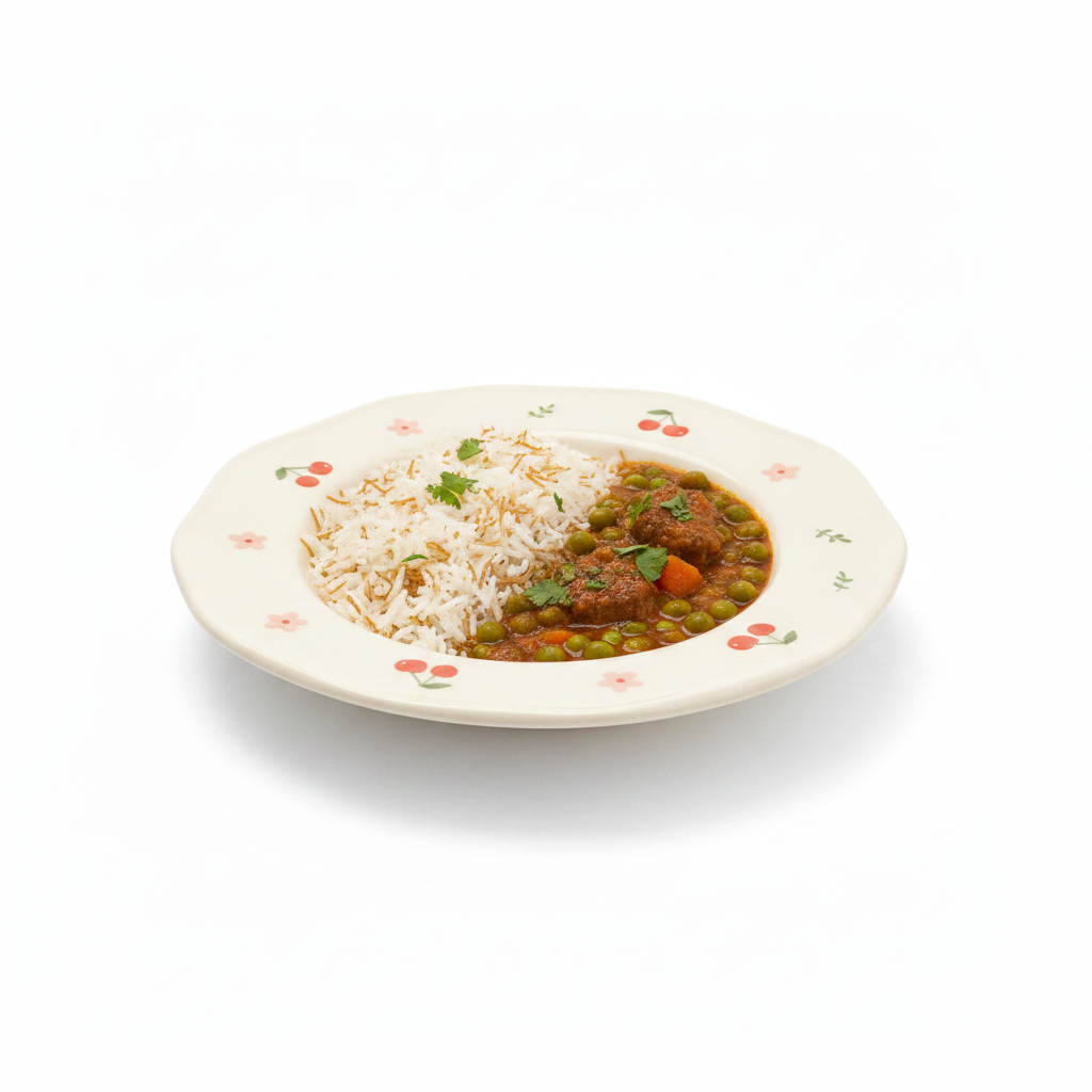 Cherry Plate with Rice Vermicelli and Pea Stew