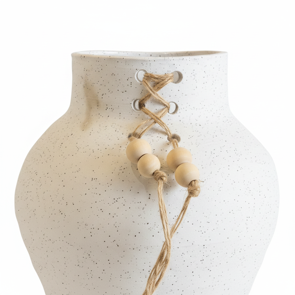Close-up Ceramic Vase with Jute & Wooden Beads