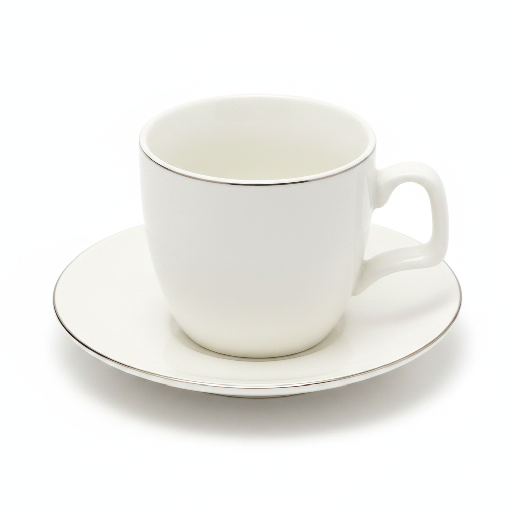 Close-up White Ceramic Cup Silver Rim