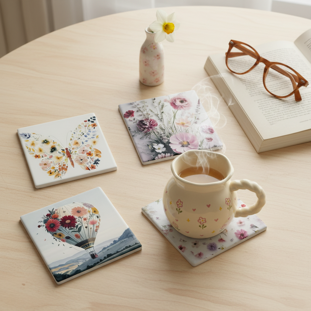 Coasters scattered on table with mug
