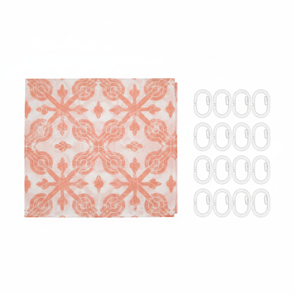 Coral Damask Shower Curtain Set - White Background