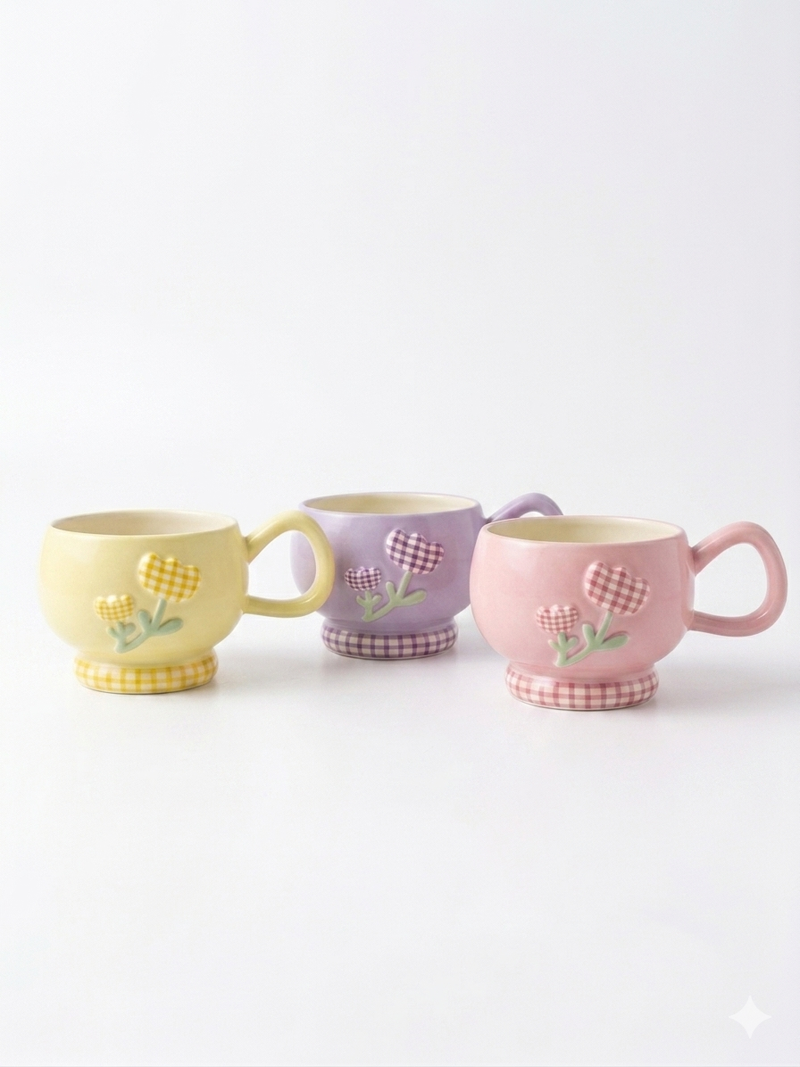 Gingham Flower Ceramic Mug