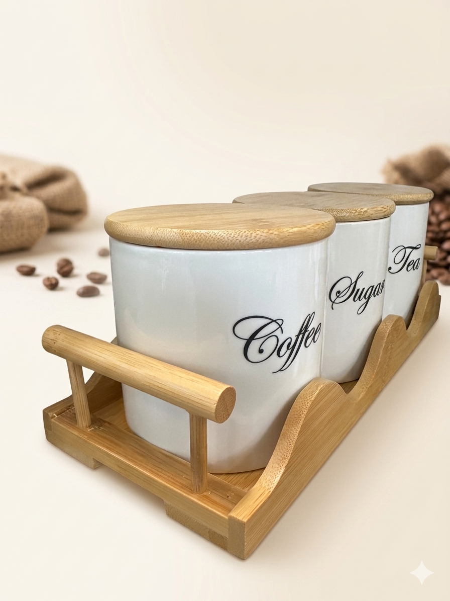 Ceramic Canister Set with Bamboo Tray - Coffee, Tea & Sugar