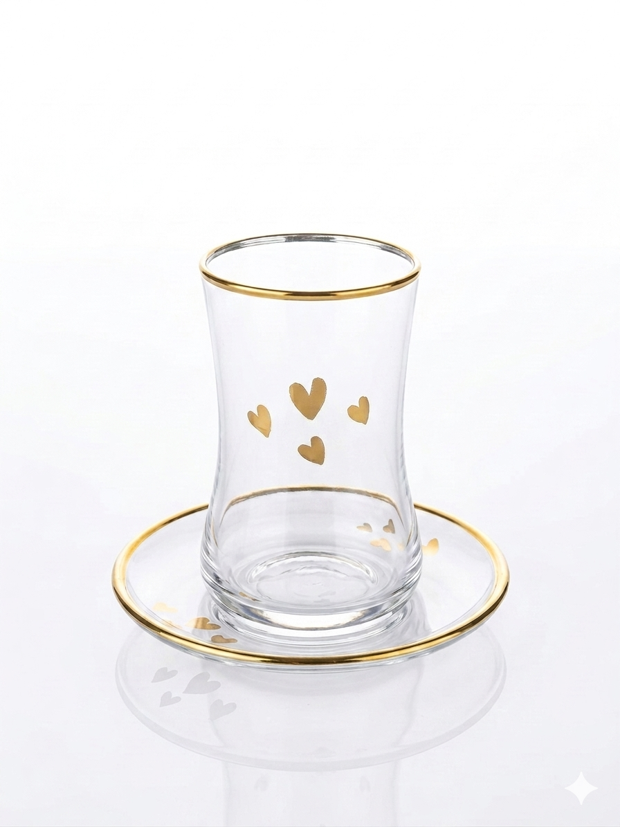 Golden Hearts Tea Glass Set - 6 Pieces with Saucers