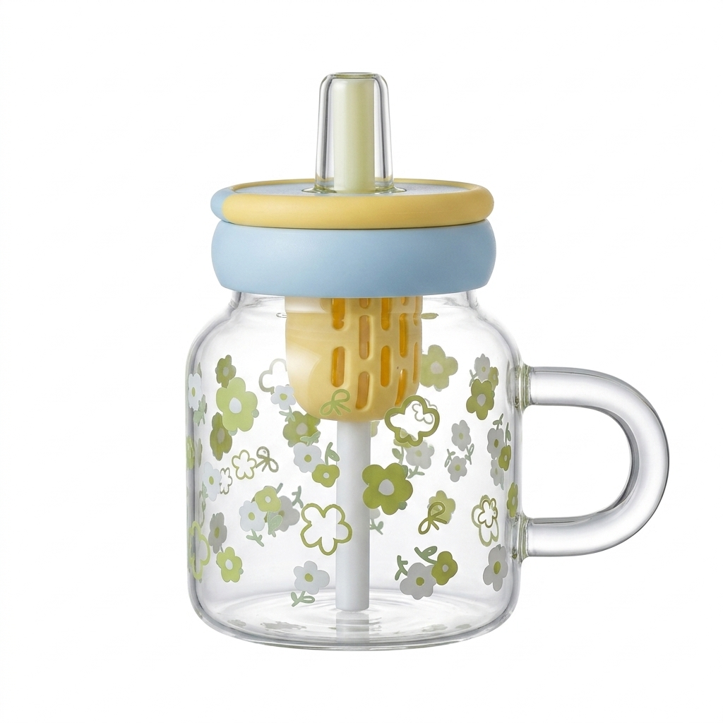Floral Glass Mug with Straw & Lid